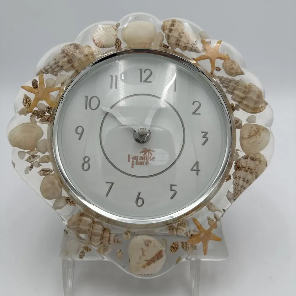 Shell Shaped Lucite Clock Embedded Seashell Wall Hanging Paradise Place